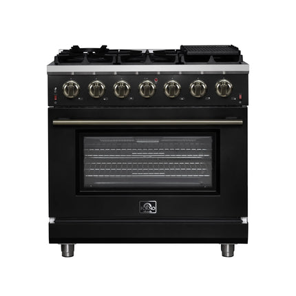 Forno Massimo 36-Inch Black Freestanding Gas Range, 6 Sealed Burners, Convection Oven, Energy Efficient FORNO