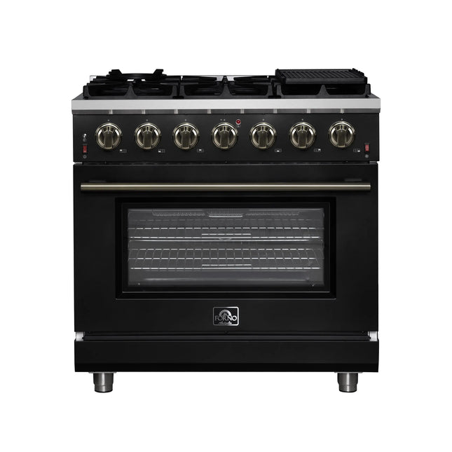 Forno Massimo 36-Inch Black Freestanding Gas Range, 6 Sealed Burners, Convection Oven, Energy Efficient FORNO