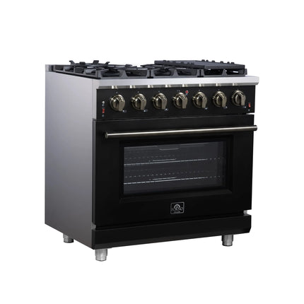 Forno Massimo 36-Inch Black Freestanding Gas Range, 6 Sealed Burners, Convection Oven, Energy Efficient FORNO