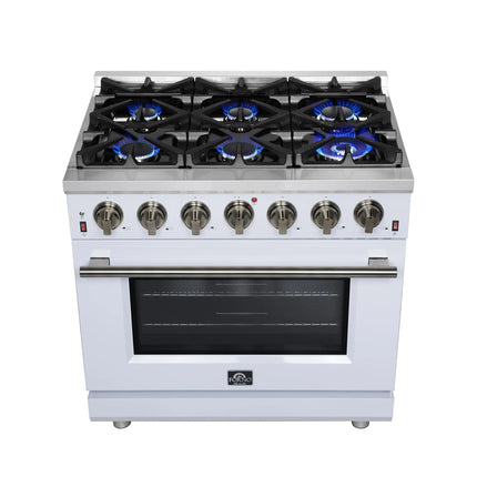 Forno Massimo 36-Inch White Freestanding Gas Range, 6 Sealed Burners, Convection Oven, Energy Efficient FORNO