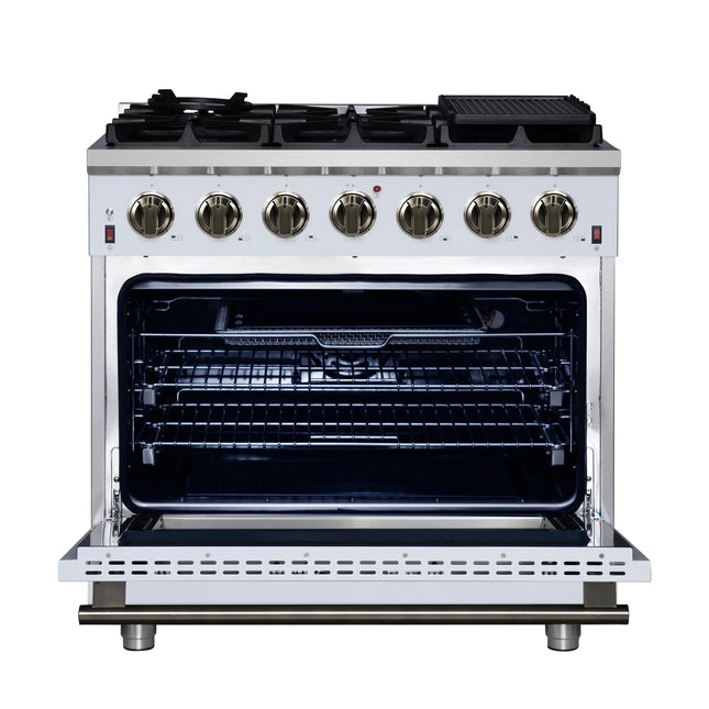 Forno Massimo 36-Inch White Freestanding Gas Range, 6 Sealed Burners, Convection Oven, Energy Efficient FORNO