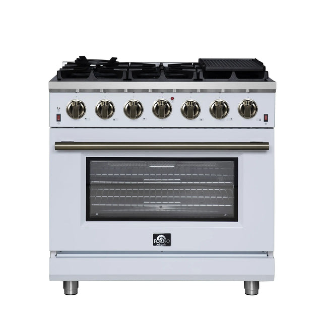 Forno Massimo 36-Inch White Freestanding Gas Range, 6 Sealed Burners, Convection Oven, Energy Efficient FORNO