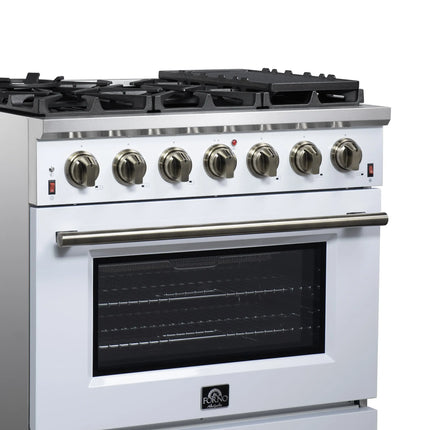 Forno Massimo 36-Inch White Freestanding Gas Range, 6 Sealed Burners, Convection Oven, Energy Efficient FORNO