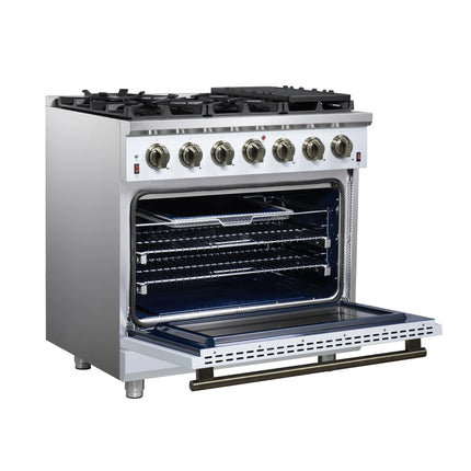 Forno Massimo 36-Inch White Freestanding Gas Range, 6 Sealed Burners, Convection Oven, Energy Efficient FORNO