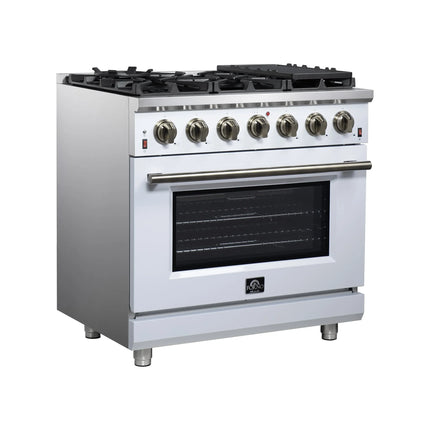 Forno Massimo 36-Inch White Freestanding Gas Range, 6 Sealed Burners, Convection Oven, Energy Efficient FORNO