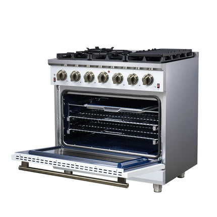 Forno Massimo 36-Inch White Freestanding Gas Range, 6 Sealed Burners, Convection Oven, Energy Efficient FORNO