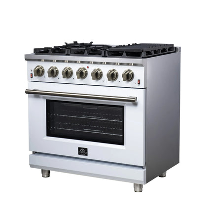 Forno Massimo 36-Inch White Freestanding Gas Range, 6 Sealed Burners, Convection Oven, Energy Efficient FORNO