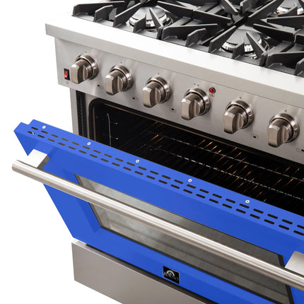 Forno Galiano 36-Inch Freestanding Gas Range, Stainless Steel, 6 Burners, Energy Efficient, Blue Door FORNO