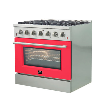 Forno Galiano 36-Inch Freestanding Gas Range, Stainless Steel, 6 Burners, Energy Efficient, Red Door FORNO