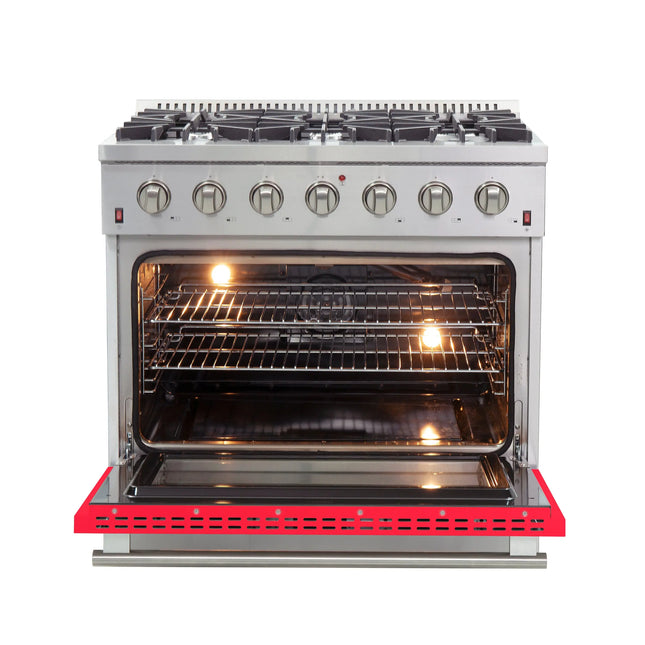 Forno Galiano 36-Inch Freestanding Gas Range, Stainless Steel, 6 Burners, Energy Efficient, Red Door FORNO