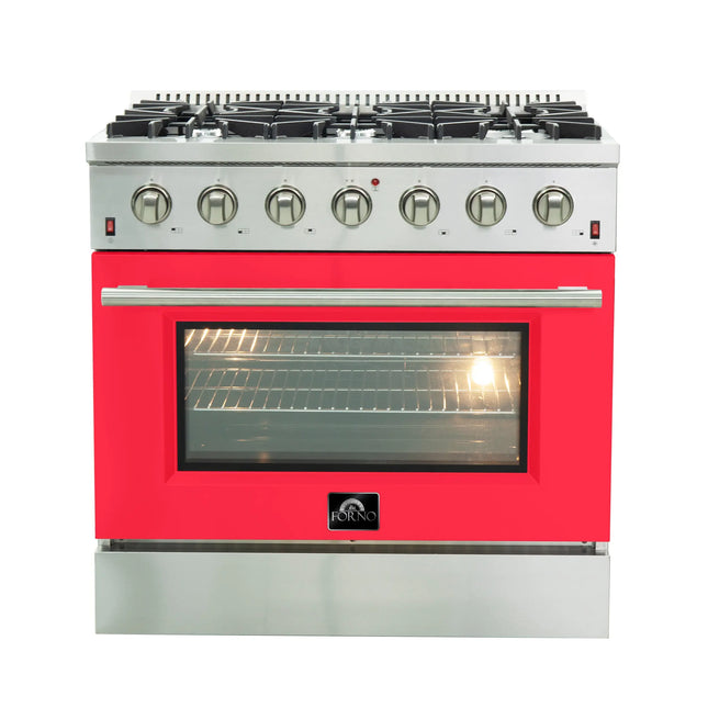 Forno Galiano 36-Inch Freestanding Gas Range, Stainless Steel, 6 Burners, Energy Efficient, Red Door FORNO