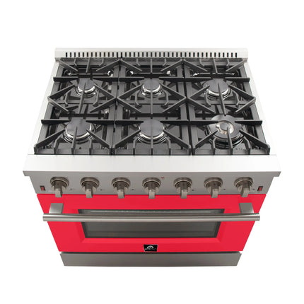 Forno Galiano 36-Inch Freestanding Gas Range, Stainless Steel, 6 Burners, Energy Efficient, Red Door FORNO