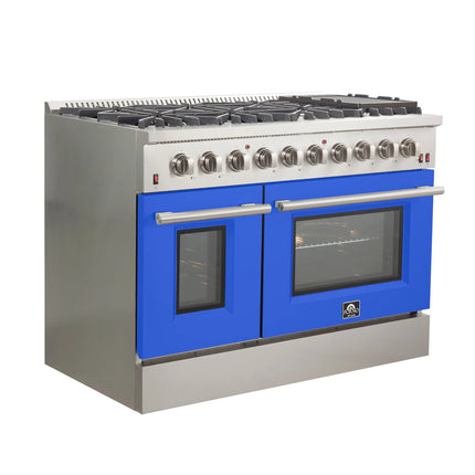 Forno Galiano 48-Inch Freestanding Gas Range, Stainless Steel, 8 Burners, 107,000 BTU, Griddle, Double Ovens, Energy Efficient, Blue Doors FORNO
