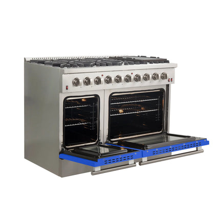 Forno Galiano 48-Inch Freestanding Gas Range, Stainless Steel, 8 Burners, 107,000 BTU, Griddle, Double Ovens, Energy Efficient, Blue Doors FORNO