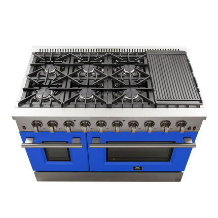 Forno Galiano 48-Inch Freestanding Gas Range, Stainless Steel, 8 Burners, 107,000 BTU, Griddle, Double Ovens, Energy Efficient, Blue Doors FORNO