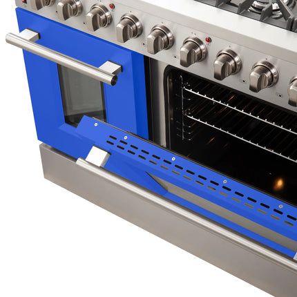 Forno Galiano 48-Inch Freestanding Gas Range, Stainless Steel, 8 Burners, 107,000 BTU, Griddle, Double Ovens, Energy Efficient, Blue Doors FORNO