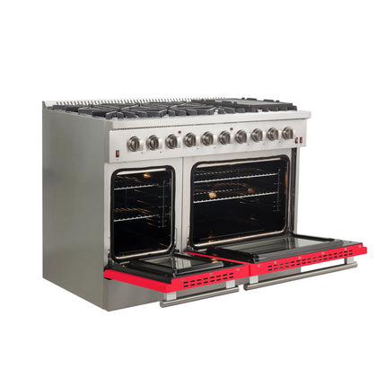 Forno Galiano 48-Inch Freestanding Gas Range, Stainless Steel, 8 Burners, 107,000 BTU, Griddle, Double Ovens, Energy Efficient, Red Doors FORNO