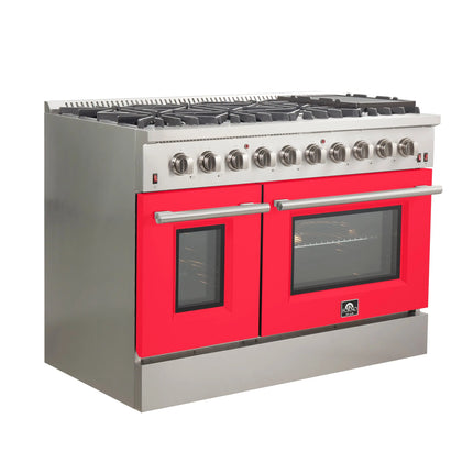Forno Galiano 48-Inch Freestanding Gas Range, Stainless Steel, 8 Burners, 107,000 BTU, Griddle, Double Ovens, Energy Efficient, Red Doors FORNO