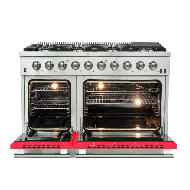 Forno Galiano 48-Inch Freestanding Gas Range, Stainless Steel, 8 Burners, 107,000 BTU, Griddle, Double Ovens, Energy Efficient, Red Doors FORNO