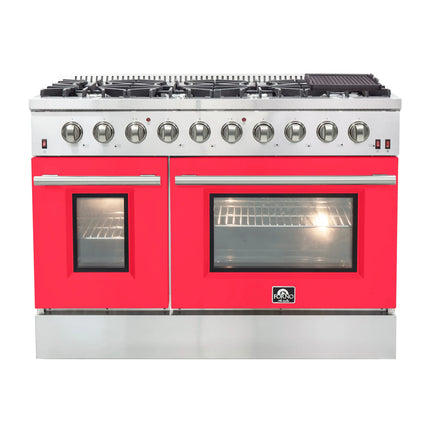 Forno Galiano 48-Inch Freestanding Gas Range, Stainless Steel, 8 Burners, 107,000 BTU, Griddle, Double Ovens, Energy Efficient, Red Doors FORNO