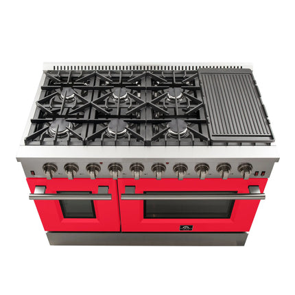 Forno Galiano 48-Inch Freestanding Gas Range, Stainless Steel, 8 Burners, 107,000 BTU, Griddle, Double Ovens, Energy Efficient, Red Doors FORNO