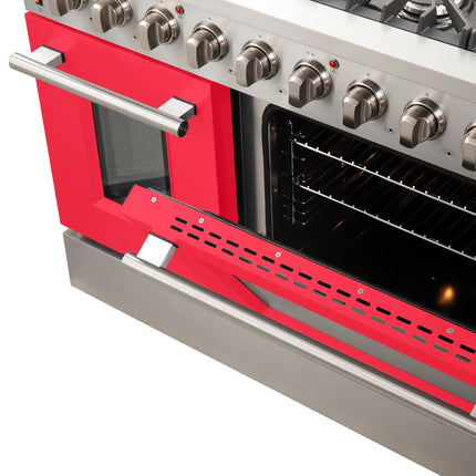 Forno Galiano 48-Inch Freestanding Gas Range, Stainless Steel, 8 Burners, 107,000 BTU, Griddle, Double Ovens, Energy Efficient, Red Doors FORNO