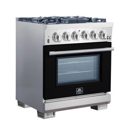 Forno Capriasca 30-Inch Freestanding Gas Range, 4 Burners, True Convection Oven, Black Door FORNO