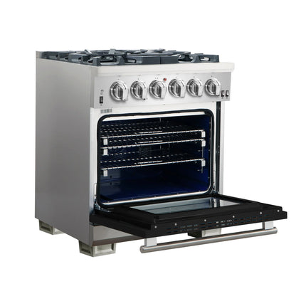 Forno Capriasca 30-Inch Freestanding Gas Range, 4 Burners, True Convection Oven, Black Door FORNO