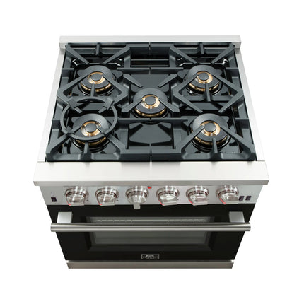 Forno Capriasca 30-Inch Freestanding Gas Range, 4 Burners, True Convection Oven, Black Door FORNO