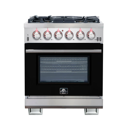 Forno Capriasca 30-Inch Freestanding Gas Range, 4 Burners, True Convection Oven, Black Door FORNO