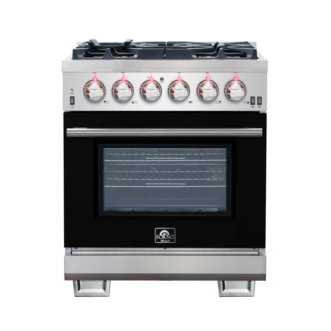 Forno Capriasca 30-Inch Freestanding Gas Range, 4 Burners, True Convection Oven, Black Door FORNO