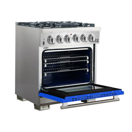 Forno Capriasca 30-Inch Freestanding Gas Range, 4 Burners, True Convection Oven, Blue Door FORNO