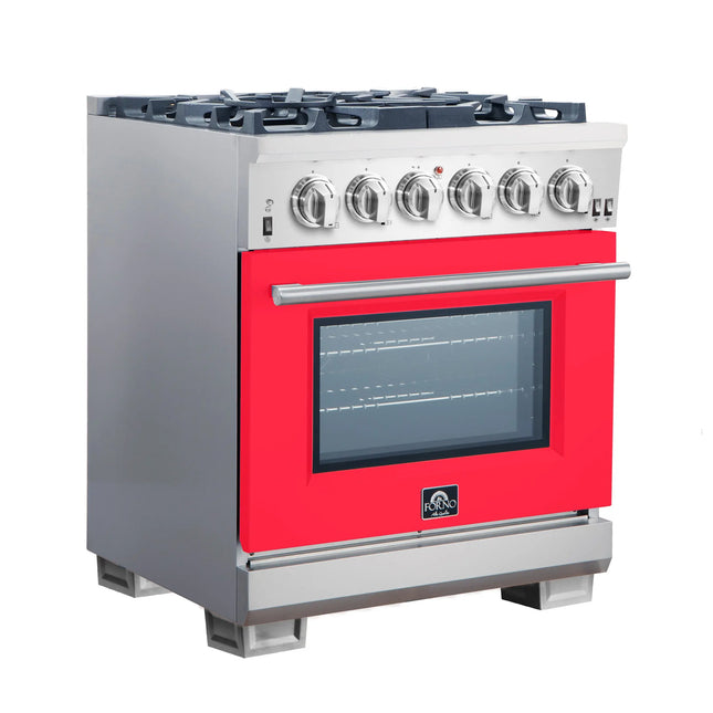 Forno Capriasca 30-Inch Freestanding Gas Range, 4 Burners, True Convection Oven, Red Door FORNO