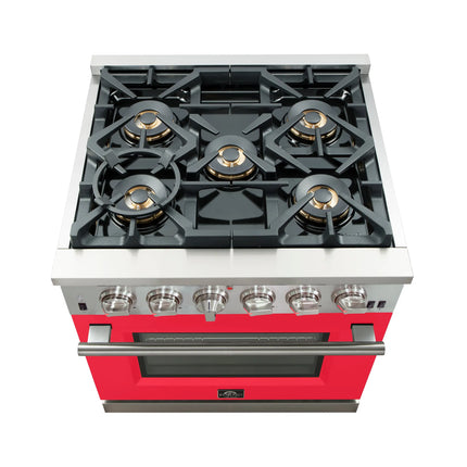 Forno Capriasca 30-Inch Freestanding Gas Range, 4 Burners, True Convection Oven, Red Door FORNO