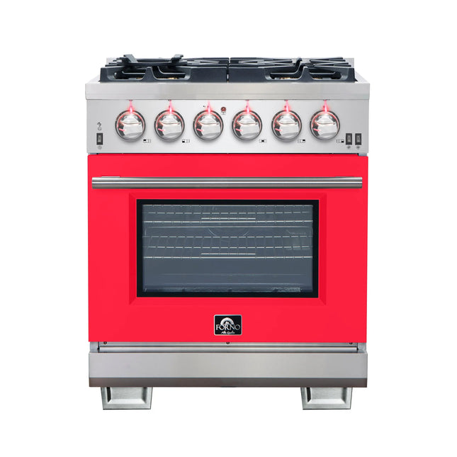 Forno Capriasca 30-Inch Freestanding Gas Range, 4 Burners, True Convection Oven, Red Door FORNO