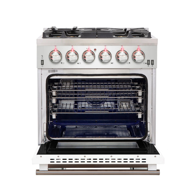 Forno Capriasca 30-Inch Freestanding Gas Range, 4 Burners, True Convection Oven, White Door FORNO
