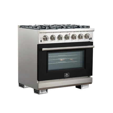Forno Capriasca 36-Inch Gas Range, Stainless Steel, 6 Brass Burners, 120,000 BTU, Convection Oven, Energy Efficient, Black door FORNO