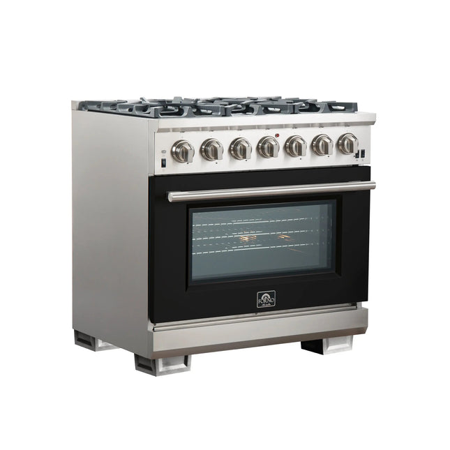 Forno Capriasca 36-Inch Gas Range, Stainless Steel, 6 Brass Burners, 120,000 BTU, Convection Oven, Energy Efficient, Black door FORNO