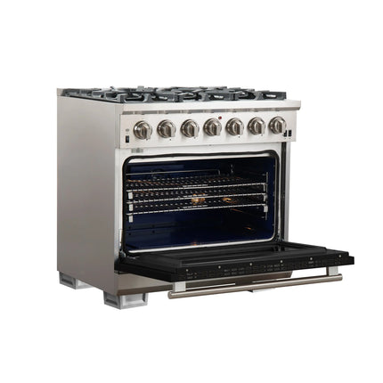 Forno Capriasca 36-Inch Gas Range, Stainless Steel, 6 Brass Burners, 120,000 BTU, Convection Oven, Energy Efficient, Black door FORNO