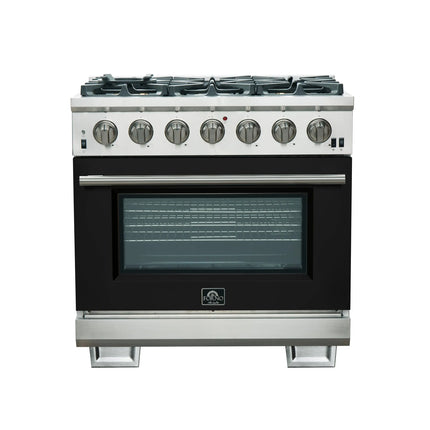 Forno Capriasca 36-Inch Gas Range, Stainless Steel, 6 Brass Burners, 120,000 BTU, Convection Oven, Energy Efficient, Black door FORNO