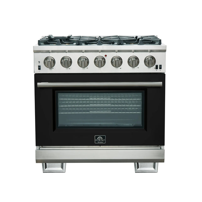 Forno Capriasca 36-Inch Gas Range, Stainless Steel, 6 Brass Burners, 120,000 BTU, Convection Oven, Energy Efficient, Black door FORNO