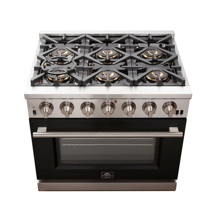 Forno Capriasca 36-Inch Gas Range, Stainless Steel, 6 Brass Burners, 120,000 BTU, Convection Oven, Energy Efficient, Black door FORNO