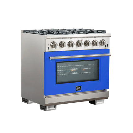 Forno Capriasca 36-Inch Gas Range, Stainless Steel, 6 Brass Burners, 120,000 BTU, Convection Oven, Energy Efficient, Blue Door FORNO