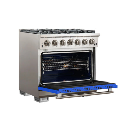 Forno Capriasca 36-Inch Gas Range, Stainless Steel, 6 Brass Burners, 120,000 BTU, Convection Oven, Energy Efficient, Blue Door FORNO