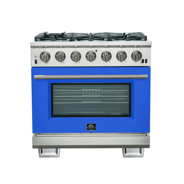 Forno Capriasca 36-Inch Gas Range, Stainless Steel, 6 Brass Burners, 120,000 BTU, Convection Oven, Energy Efficient, Blue Door FORNO