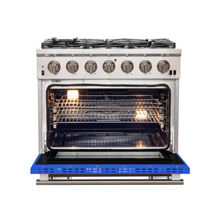 Forno Capriasca 36-Inch Gas Range, Stainless Steel, 6 Brass Burners, 120,000 BTU, Convection Oven, Energy Efficient, Blue Door FORNO