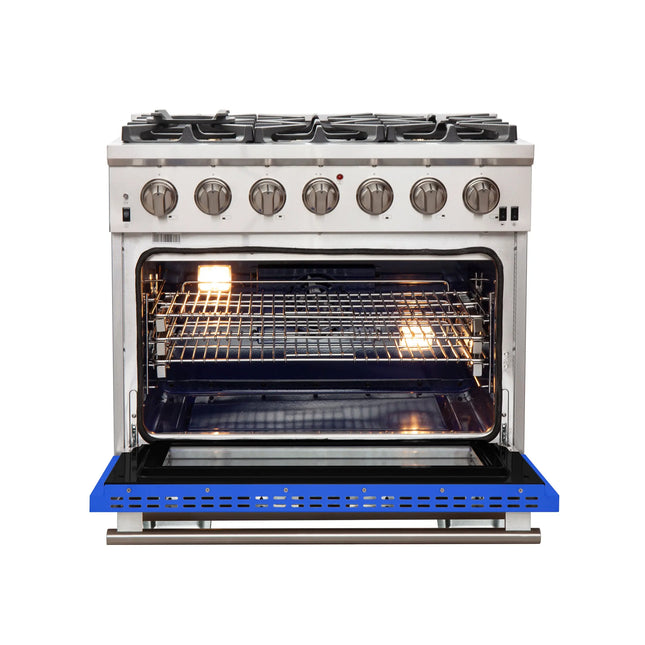 Forno Capriasca 36-Inch Gas Range, Stainless Steel, 6 Brass Burners, 120,000 BTU, Convection Oven, Energy Efficient, Blue Door FORNO