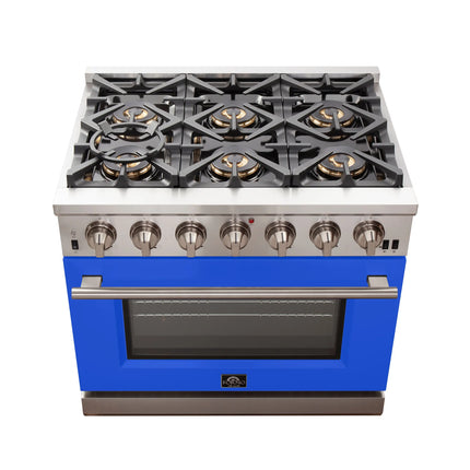 Forno Capriasca 36-Inch Gas Range, Stainless Steel, 6 Brass Burners, 120,000 BTU, Convection Oven, Energy Efficient, Blue Door FORNO