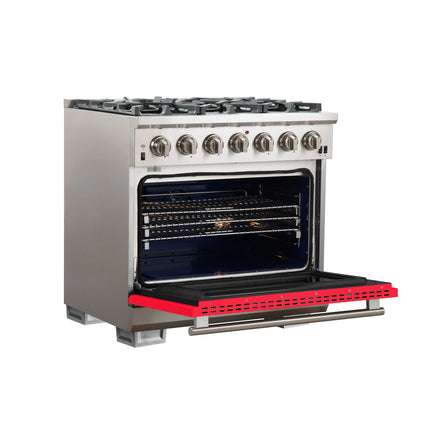 Forno Capriasca 36-Inch Gas Range, Stainless Steel, 6 Brass Burners, 120,000 BTU, Convection Oven, Energy Efficient, Red Door FORNO