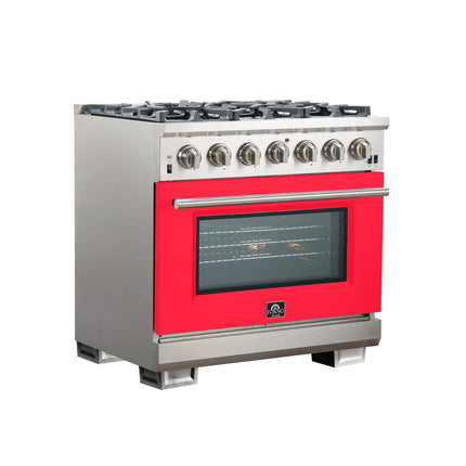 Forno Capriasca 36-Inch Gas Range, Stainless Steel, 6 Brass Burners, 120,000 BTU, Convection Oven, Energy Efficient, Red Door FORNO